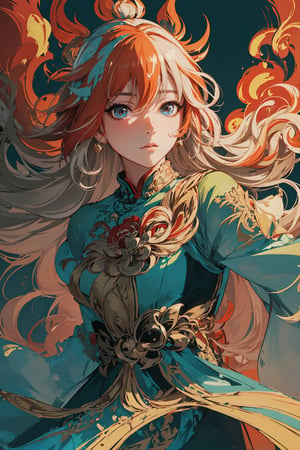 masterpiece, best quality, ultra high res, beautiful, elegant, graceful, award-winning art, 1girl, (style of Yuko Shimizu:1.4), (abstract art:1.2), style of rebecca guay, fu hua\bengluo, white_hair, orange_eyes, streaked_hair, fu hua, orange_hair, red_hair, fire, fiery_hair, hair_between_eyes, multicolored_hair, fu hua\bengluo, fiery_wings,fire, cloaked in flames, dark theme, visually stunning, gorgeous,cloud, fu hua\bengluo, 