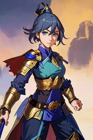 sanguozhi, solo,  cape, sword, facial hair, helmet,,(looking at viewer:1.2), centered, (upper body), photography of a 22yo woman, masterpiece, | (beautiful detailed eyes:1.2), short hair, aqua hair color, light blue eyes, armored top, pauldrons, wide hips, lowleg armored pants, | sunset, bokeh, depth of field ,fu hua,(((female focus,armor,Chinese Armor,golden armor))),fu hua