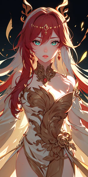 masterpiece, best quality, illustration, full body image, ornate and elaborate dress, platinum earrings, tiara, platinum necklace, white dress, 1 girl, cute, (dynamic lighting:1.2), cinematic lighting, delicate facial features, detailed eyes, green eyes, long red hair, sharp pupils, realistic pupils, depth of field, bokeh, sharp focus, (hyper-detailed, bloom, glow:1.4), red hair, full lips, big_breasts,fu_hua/young,fu hua\bengluo