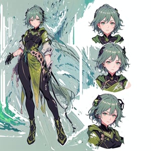 (CharacterSheet:1.2), 1 girl, solo, green eyes, ((((green hair:1.2)))) ,((green kongming suit)),headphones around neck,short hair, light smile,muscle_body, strong, fullbody black_bodysuit with green details,casual_wear, gloves, boots, pants, shirt, tecno_jacket, short-hair,,multiple views (full_body(front_view, back_view),uper_body(front_view, left_view, right_view)),(white background, simple background:1.2),(dynamic_pose:1.2),(masterpiece:1.2), (best quality, highest quality), (ultra detailed), (8k, 4k, intricate), (50mm), (highly detailed:1.2),(detailed face:1.2), detailed_eyes,(gradients),(ambient light:1.3),(cinematic composition:1.3),(HDR:1),Accent Lighting,extremely detailed,original, highres,(perfect_anatomy:1.2), perfect_face:1.2, detailed_anatomy, full_body,, , ,kongming suit,long skirt,sarashi,guanhelmet,senti,china dress with heart cutout,fu hua