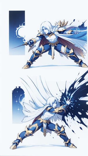 absurdres, highres, ultra detailed,Insane detail in face, (boy:1.3), Gold Saint, Saint Seiya Style, paint splatter, expressive drips, random patterns, energetic movement, bold colors, dynamic texture, spontaneous creativity, Gold Armor, Full body armor, no helmet, Zodiac Knights, White long cape, white hair, Fighting pose,Pokemon Gotcha Style, gold gloves, long hair, white cape