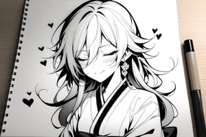 [[fu hua(honkai impact 3rd)]], nai3, 1girl, solo, artstyle,best quality,amazing quality,very aesthetic,absurdres,traditional media,female focus, 
1girl, long hair, smile, bangs, 1boy, holding, hair between eyes, jewelry, closed mouth, monochrome, closed eyes, upper body, greyscale, heart, earrings, japanese clothes, kimono, mole, mole under eye, wolf