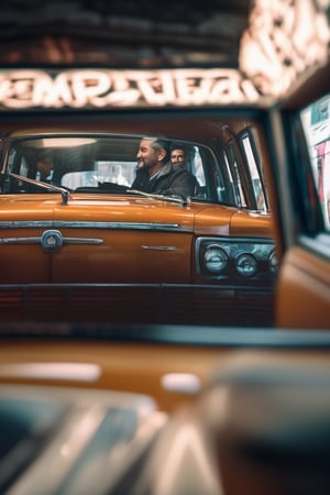 RAW natural photo Of photo shot inside a taxi, the camera is in the back seat looking forward, the turkish taxi driver is looking back, only one light cenital chimera, day advertising shooting, realistic photograph, sharp focus, depth of field, shoot, ,side shot, side shot, ultrahd, realistic, vivid colors, highly detailed, perfect composition, 8k, photorealistic concept art, soft natural volumetric cinematic perfect light,booth,food focus, UP THE CAMERA
