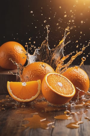 EXPLOTION OF SOME oranges brown table, raw, 4k, masterpiece, realistic photography, freshness, coolness, foodstyling, perfect fruits, all wet with juice, (((splash of orange juice))) color orange