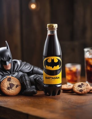 cola drink bottle batman brand, resting on a wooden table , betas of the wood, two cookies, hd, 8k, masterpiece, one light, soja, cenital camera, nikon d800, raw, hiperrealism, medium format sensor camera, super prime cinema lens, (((((100mm lens))))), (((filtered light)))

