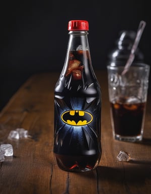 cola drink bottle batman brand, ice, resting on a wooden table , hd, 8k, masterpiece, one light, soja, cenital camera, nikon d800, raw, hiperrealism, medium format sensor camera, super prime cinema lens, (((((100mm lens))))), (((filtered light))) black background


