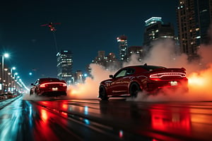 chicago night phtography, helicopters flying, two real cars jumping racing stunt doubles, muscle cars, street racing, insane maneuvers, dangerous reckless maneuvers, masterpiece, cinema super prime lenses, blackmagic camera, realistic photography, film poster, dodge charger vs camaro, seekness driving, aereal camera angle, drifting  burning wheels
