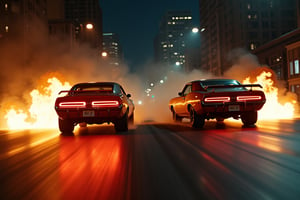 chicago night phtography, two real cars jumping racing stunt doubles, muscle cars, fire, street racing, insane maneuvers, dangerous reckless maneuvers, masterpiece, cinema super prime lenses, blackmagic camera, realistic photography, film poster, dodge charger vs camaro, seekness driving, camera truck arm, aereal shoot
