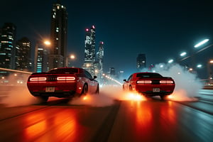 chicago night phtography, helicopters reflector lights
,  two real cars jumping racing stunt doubles, muscle cars, street racing, insane maneuvers, dangerous reckless maneuvers, masterpiece, cinema super prime lenses, blackmagic camera, realistic photography, film poster, dodge charger vs camaro, seekness driving, camera truck arm, aereal shoot, drifting  burning wheels
