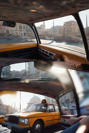 RAW natural photo Of photo shot inside a taxi, the camera is in the back seat looking forward, the turkish taxi driver is looking back in bombai, only one light cenital chimera, day advertising shooting, realistic photograph, sharp focus, depth of field, shoot, ,side shot, side shot, ultrahd, realistic, vivid colors, highly detailed, perfect composition, 8k, photorealistic concept art, soft natural volumetric cinematic perfect light,booth,food focus, UP THE CAMERA
