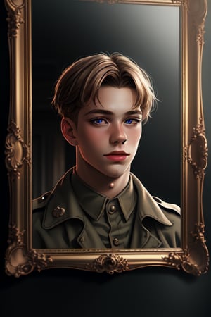 boy portrait of german soldier 1945, hiperrealism,
 BEST QUALITY, MASTERPIECE, PHOTOREALISTIC:1.9, DRAMATIC LIGHT, infinite mirror background,
,colorful_girl_v2,arshadArt,alluring_lolita_girl,anamr