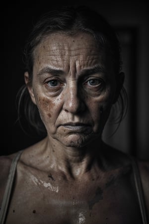 portrait of very dirty woman, looking very suffering, in a grey room
, hd, 8k, masterpiece, one light, realistic photography, hasselblad, raw, hiperrealism, medium format sensor camera, super prime cinema lens, (((filtered light))) , concret background, 