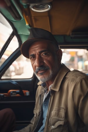 RAW natural photo Of photo shot inside a taxi, the camera is in the back seat looking forward, the turkish taxi driver is looking back in bombai, only one light cenital chimera, day advertising shooting, realistic photograph, sharp focus, depth of field, shoot, ,side shot, side shot, ultrahd, realistic, vivid colors, highly detailed, perfect composition, 8k, photorealistic concept art, soft natural volumetric cinematic perfect light,booth,food focus, UP THE CAMERA
