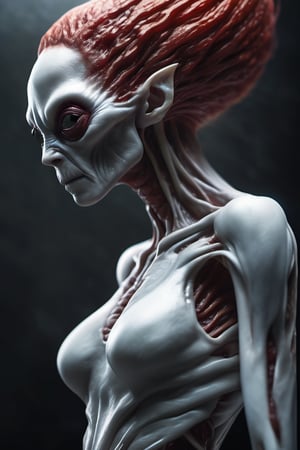 RAW natural photo of alien, white glossy skin, half body, red hair , sharp focus, depth of field, shoot, ,side shot, side shot, ultra hd, realistic, vivid colors, highly detailed, perfect composition, 8k artistic photography, photorealistic concept art, soft natural volumetric cinematic perfect light, black background studio