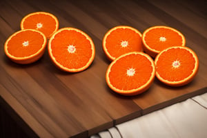 some oranges on a brown table, raw, 4k, masterpiece, realistic photography, freshness, coolness, foodstyling, perfect fruits, fresh water transpiration, all wet with water, splash
 of orange juice