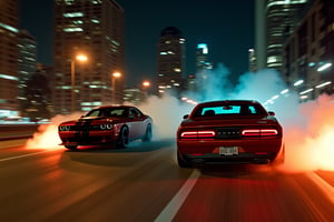 chicago night phtography, helicopters reflector lights
,  two real cars jumping racing stunt doubles, muscle cars, street racing, insane maneuvers, dangerous reckless maneuvers, masterpiece, cinema super prime lenses, blackmagic camera, realistic photography, film poster, dodge charger vs camaro, seekness driving, camera truck arm, aereal shoot, drifting  burning wheels
