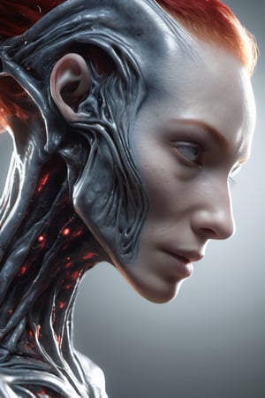 RAW natural photo of alien, white glossy skin, half body, red hair , sharp focus, depth of field, shoot, ,side shot, side shot, ultra hd, realistic, vivid colors, highly detailed, perfect composition, 8k artistic photography, photorealistic concept art, soft natural volumetric cinematic perfect light, black background studio