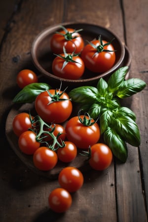  tomatoes on a brown table, some basil, raw, 4k, masterpiece, realistic photography, freshness, coolness, foodstyling, perfect fruits
