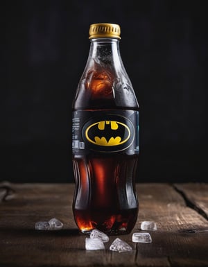 cola drink bottle batman brand, ice, resting on a wooden table , hd, 8k, masterpiece, one light, soja, cenital camera, nikon d800, raw, hiperrealism, medium format sensor camera, super prime cinema lens, (((((100mm lens))))), (((filtered light))) black background


