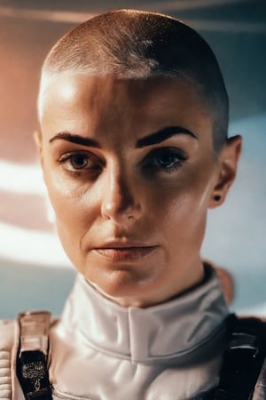 photo of sinead o'connor with astronaut suit, copkit , rule of thirds, dramatic lighting, medium hair, detailed face, detailed nose, woman naked, soft freckles, smirk, intricate background,realism,realistic,raw,analog,woman,portrait,photorealistic,analog,realism, front light medium power. 8k, mohicano haircut