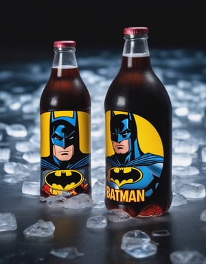 cola drink bottles batman brand on the ice , hd, 8k, masterpiece, one light, soja, cenital camera, nikon d800, raw, hiperrealism, medium format sensor camera, super prime cinema lens, (((((100mm lens))))), (((filtered light))) black background, marvel_comics, mirror floor


