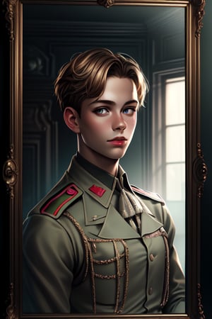 boy portrait of german soldier 1945, hiperrealism,
 BEST QUALITY, MASTERPIECE, PHOTOREALISTIC:1.9, DRAMATIC LIGHT, infinite mirror background,
,colorful_girl_v2,arshadArt,alluring_lolita_girl,anamr