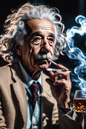 High quality,  masterpiece,  4K,  quality,  Tyndall effect,  RAW  ALBERT EINSTEIN FASHION MODEL, WITH WISKY GLASS IN YOUR HAND, SMOKING WEED, only one light cenital chimera,  SUNNY day advertising shooting,  realistic photograph,  sharp focus,  depth of field,  shoot,  , side shot,  side shot,  ultrahd,  realistic,  vivid colors,  highly detailed,  perfect composition,  8k,  photorealistic,  soft natural volumetric cinematic perfect light,  food focus,  (((black background))), booth, 