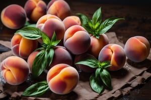 peaches on a brown table, some basil, raw, 4k, masterpiece, realistic photography, freshness, coolness, foodstyling, perfect fruits, fresh water transpiration, all wet with water
