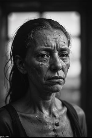 
portrait of a  very dirty woman thousands of small flies flying around her, with a very suffering face, her wind is dirty broken from the 17th century, crying, in a grey room
, hd, 8k, masterpiece, one light, realistic photography, hasselblad, raw, hiperrealism, medium format sensor camera, super prime cinema lens, (((filtered light))) , concret background, 