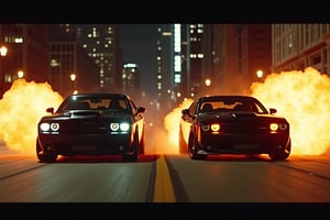 chicago night phtography, two real cars jumping racing stunt doubles, muscle cars, fire, street racing, insane maneuvers, dangerous reckless maneuvers, masterpiece, cinema super prime lenses, blackmagic camera, realistic photography, film poster, dodge charger vs camaro, seekness driving, camera truck arm, aereal shoot
