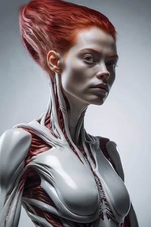 RAW natural photo of alien, white glossy skin, half body, red hair , sharp focus, depth of field, shoot, ,side shot, side shot, ultra hd, realistic, vivid colors, highly detailed, perfect composition, 8k artistic photography, photorealistic concept art, soft natural volumetric cinematic perfect light, black background studio