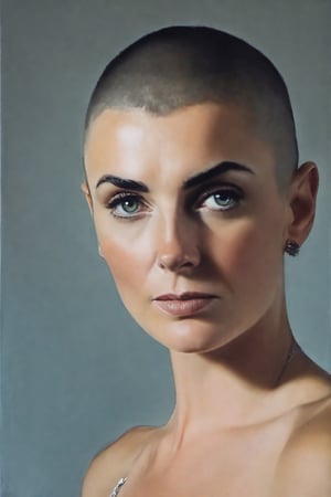 photo of sinead o'connor, rule of thirds, dramatic lighting, medium hair, detailed face, detailed nose, woman naked, soft freckles, smirk, intricate background,realism,realistic,raw,analog,woman,portrait,photorealistic,analog,realism, front light medium power. 8k, mohicano haircut