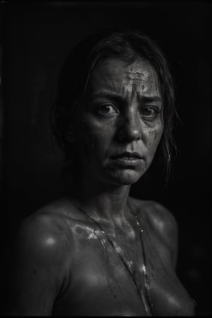 portrait of dirty woman, looking very suffering, in a black room
, hd, 8k, masterpiece, one light, realistic photography, hasselblad, raw, hiperrealism, medium format sensor camera, super prime cinema lens, (((filtered light))) , concret background, 