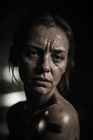 portrait of dirty woman, looking very suffering
, hd, 8k, masterpiece, one light, realistic photography, hasselblad, raw, hiperrealism, medium format sensor camera, super prime cinema lens, (((filtered light))) , concret background, 