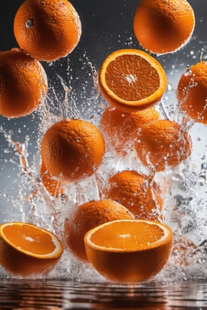 RAIN OF some oranges brown table, raw, 4k, masterpiece, realistic photography, freshness, coolness, foodstyling, perfect fruits, fresh water transpiration, all wet with water, (((splash of orange juice))) 