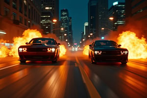 chicago night phtography, two real cars jumping racing stunt doubles, muscle cars, fire, street racing, insane maneuvers, dangerous reckless maneuvers, masterpiece, cinema super prime lenses, blackmagic camera, realistic photography, film poster, dodge charger vs camaro, seekness driving, camera truck arm, aereal shoot
