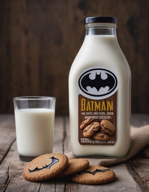 milk bottle batman brand, resting on a wooden table we can see the betas of the wood, two cookies, hd, 8k, masterpiece, one light, soja, cenital camera, nikon d800, raw

