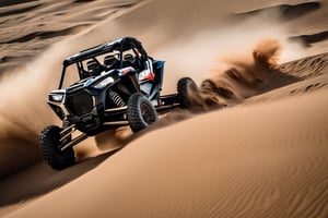 RAW natural photo OF PolarisRZR, running in dunes in desert, day advertising shooting (((infinite black  background))) , realistic photograph, sharp focus, depth of field, shoot, ,side shot, side shot, ultra hd, realistic, vivid colors, highly detailed, perfect composition, 8k artistic photography, photorealistic concept art, soft natural volumetric cinematic perfect light, black background studio, ADVERTISING SHOT
,mecha,robot