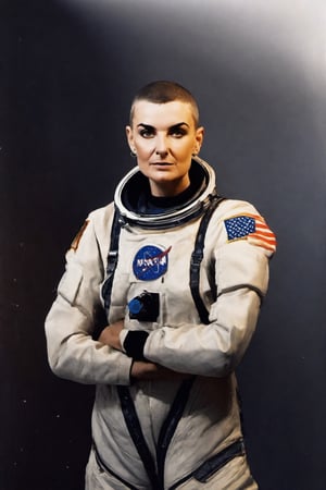 photo of sinead o'connor with astronaut suit, copkit , rule of thirds, dramatic lighting, medium hair, detailed face, detailed nose, woman naked, soft freckles, smirk, intricate background,realism,realistic,raw,analog,woman,portrait,photorealistic,analog,realism, front light medium power. 8k, mohicano haircut