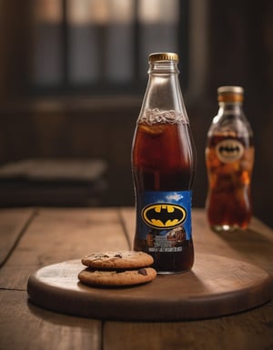 cola drink bottle batman brand, resting on a wooden table , betas of the wood, two cookies, hd, 8k, masterpiece, one light, soja, cenital camera, nikon d800, raw, hiperrealism, medium format sensor camera, super prime cinema lens, (((((100mm lens))))), (((filtered light)))

