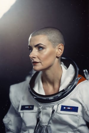 photo of sinead o'connor with astronaut suitcase, rule of thirds, dramatic lighting, medium hair, detailed face, detailed nose, woman naked, soft freckles, smirk, intricate background,realism,realistic,raw,analog,woman,portrait,photorealistic,analog,realism, front light medium power. 8k, mohicano haircut