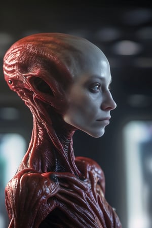 RAW natural photo of alien, white glossy skin, half body, red hair , sharp focus, depth of field, shoot, ,side shot, side shot, ultra hd, realistic, vivid colors, highly detailed, perfect composition, 8k artistic photography, photorealistic concept art, soft natural volumetric cinematic perfect light, black background studio