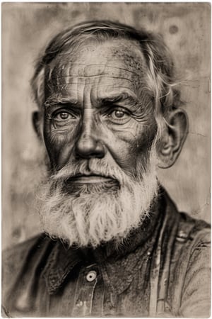 weathered,  elderly man,  deep creases,  time-worn,  weather-beaten,  aged appearance,  rugged jawline,  thick salt-and-pepper beard,  stubble,  solitude etched on his face,  contemplative expression,  intense gaze,  visible signs of a life well-lived,  intricate network of scars and blemishes,  intricate mechanical structures peeking through damaged skin,  complex system of artificial nerves,  intertwining wires and circuits,  eyes filled with profound wisdom,  wrinkles etched deeply,  weariness evident in his features,  tears glistening in his eyes,  hyper-realistic portrayal,  close-up view emphasizing every detail, 