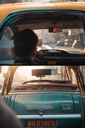 RAW natural photo Of photo shot inside a taxi, the camera is in the back seat looking forward, the turkish taxi driver is looking back, only one light cenital chimera, day advertising shooting, realistic photograph, sharp focus, depth of field, shoot, ,side shot, side shot, ultrahd, realistic, vivid colors, highly detailed, perfect composition, 8k, photorealistic concept art, soft natural volumetric cinematic perfect light,booth,food focus, UP THE CAMERA
