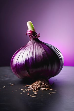 High quality, masterpiece, 4K, quality, Tyndall effect, RAW natural photo of (((perfect))) purple onion, foodstyling, only one light cenital chimera, day advertising shooting, realistic photograph, sharp focus, depth of field, shoot, ,side shot, side shot, ultrahd, realistic, vivid colors, highly detailed, perfect composition, 8k, photorealistic concept art, soft natural volumetric cinematic perfect light,booth, food focus, black background
