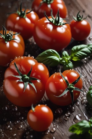  tomatoes on a brown table, some basil, raw, 4k, masterpiece, realistic photography, freshness, coolness, foodstyling, perfect fruits, fresh water transpiration, all wet with water
