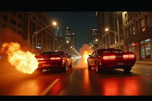 chicago night phtography, two real cars jumping racing stunt doubles, muscle cars, fire, street racing, insane maneuvers, dangerous reckless maneuvers, masterpiece, cinema super prime lenses, blackmagic camera, realistic photography, film poster, dodge charger vs camaro, seekness driving, camera truck arm, aereal shoot
