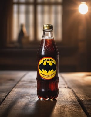 cola drink bottle batman brand, ice, resting on a wooden table , hd, 8k, masterpiece, one light, soja, cenital camera, nikon d800, raw, hiperrealism, medium format sensor camera, super prime cinema lens, (((((100mm lens))))), (((filtered light)))

