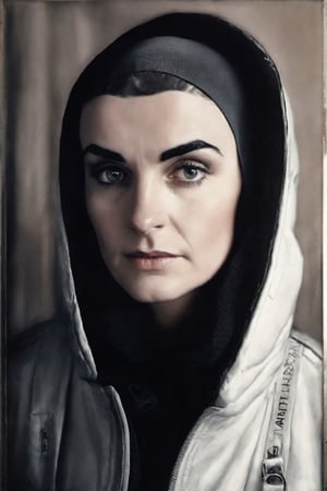 photo of sinead o'connor with astronaut suitcase, rule of thirds, dramatic lighting, medium hair, detailed face, detailed nose, woman naked, soft freckles, smirk, intricate background,realism,realistic,raw,analog,woman,portrait,photorealistic,analog,realism, front light medium power. 8k, mohicano haircut