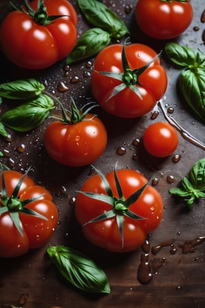  tomatoes on a brown table, some basil, raw, 4k, masterpiece, realistic photography, freshness, coolness, foodstyling, perfect fruits, fresh water transpiration, all wet with water
